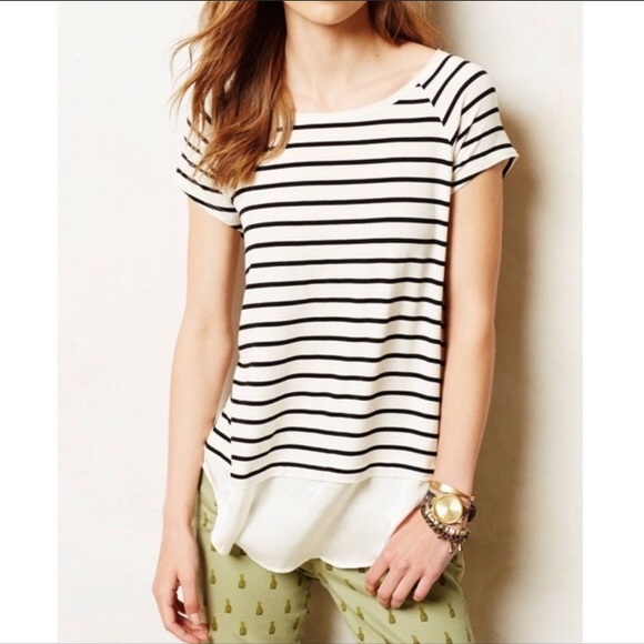 Anthro Bordeaux Strata Black White Striped Layered Look Tunic Top - Picture 2 of 9